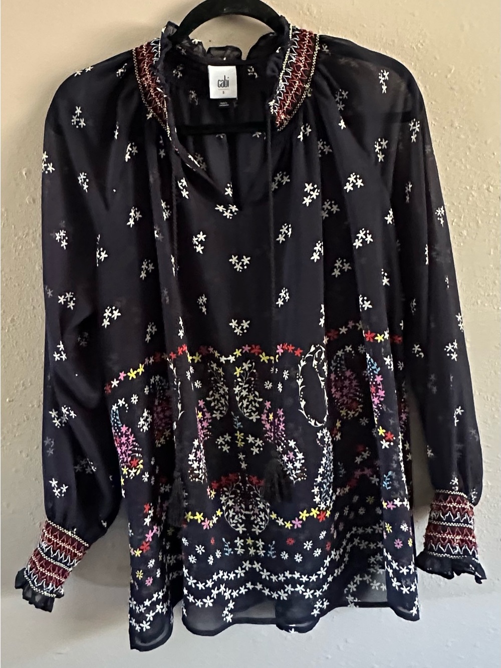 CAbi Black Floral-Embroidered Long Sleeve Blouse